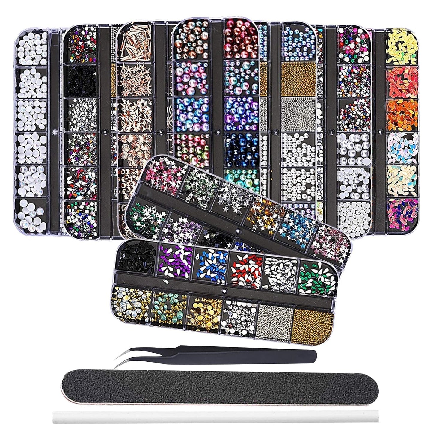 EBANKU Nail Art Strass Kit Multi Design Zubehör Mit 1 Pinzetten 1 Stück Wachsstifte Deko Diamanten Kristalle Perlen Edelsteine ​​Bunt Pferdeaugen Strass Metall Nieten Für Nagel DIY (1 Stück (10Er Pack))