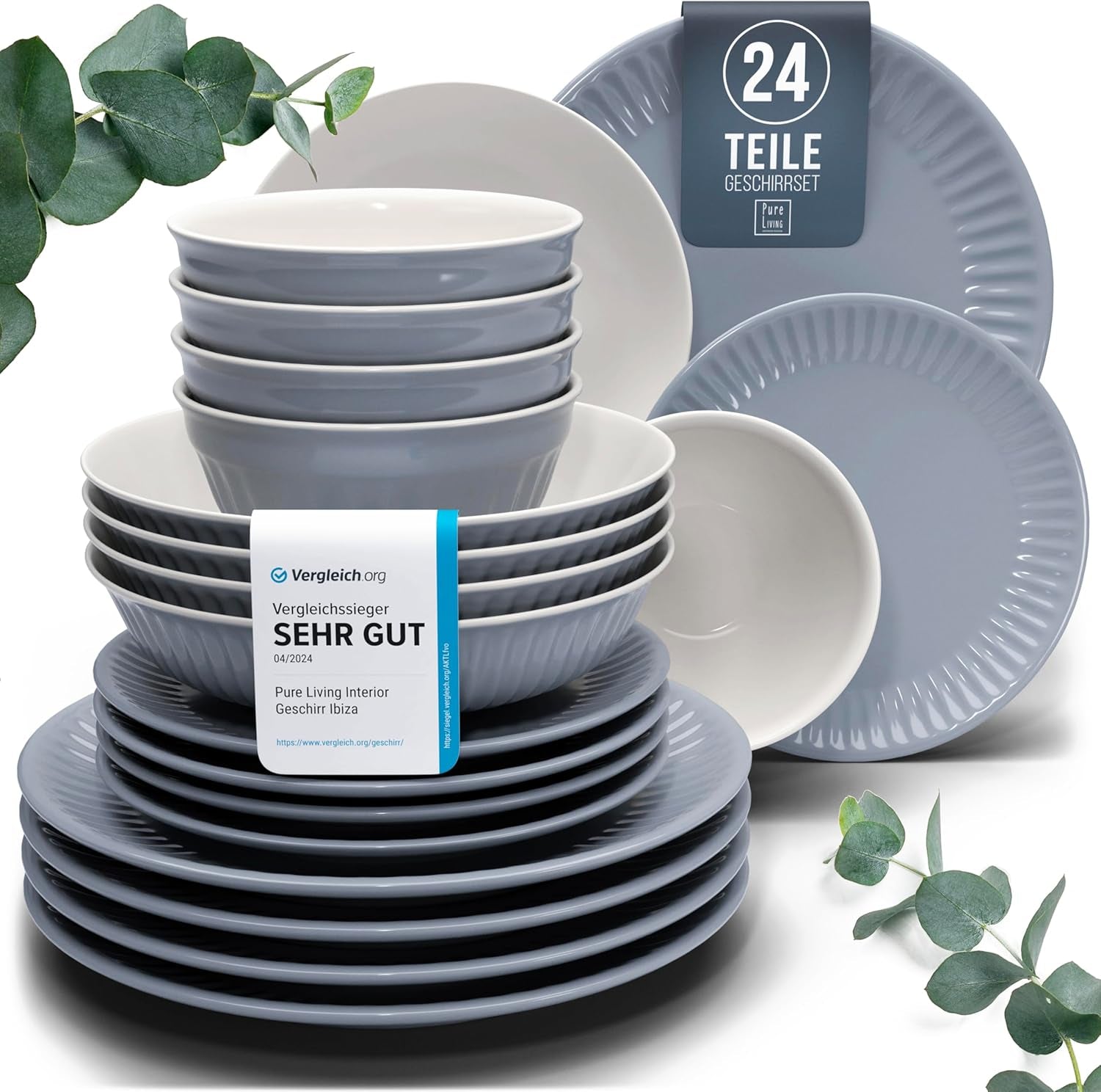 Keramisk servisset för 6, Hygge, 24 st. TESTVINNARE Drömmande skandinaviska servisservis i stengods Skål och tallrik Set Middagsservice för 6 Pure Living servisset i gråblått
