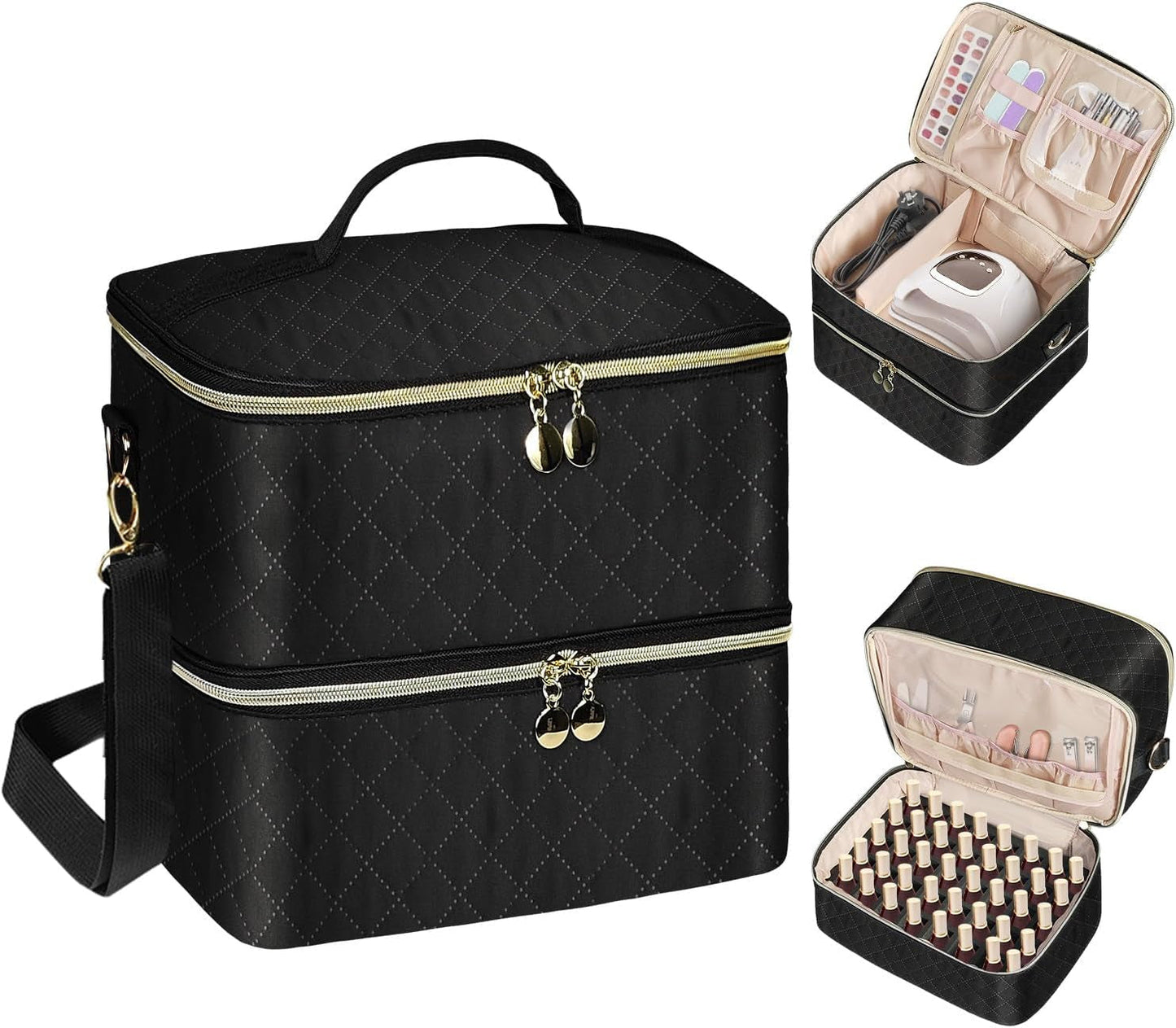 Nail Lacquer Organizer Tasche, Doppelschicht Nail Lacquer Förvaringsbox, Organizer Koffer Für Nageldesign Kosmetiktasche Für 30 Flaschen Neonail Base(15Ml-0,5 Fl.Oz) & 1 Nagellampa(Schwarz)