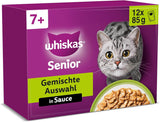 Whiskas Senior 7+ våtfoder blandat urval i sås, 48 ​​dospåsar, 12x85 g (paket med 4) - våtfoder av hög kvalitet för katter från 7 år och äldre