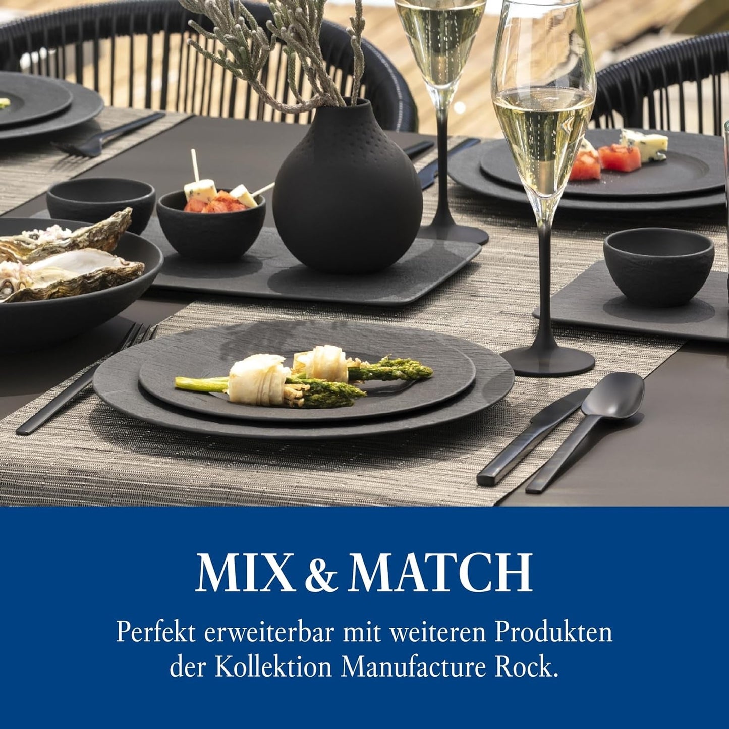 Villeroy & Boch Manufacture Rock Starter Set, 6 delar, svart, diskmaskinssäker, mikrovågssäker, mattsvart servisset, servis, bestick, premiumporslin