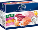 Dehner Premium våtmat för katter, multipack, vuxna katter, 4 stycken vardera: lamm / kalkon / lax, 12 påsar x 100 g (1,2 kg)