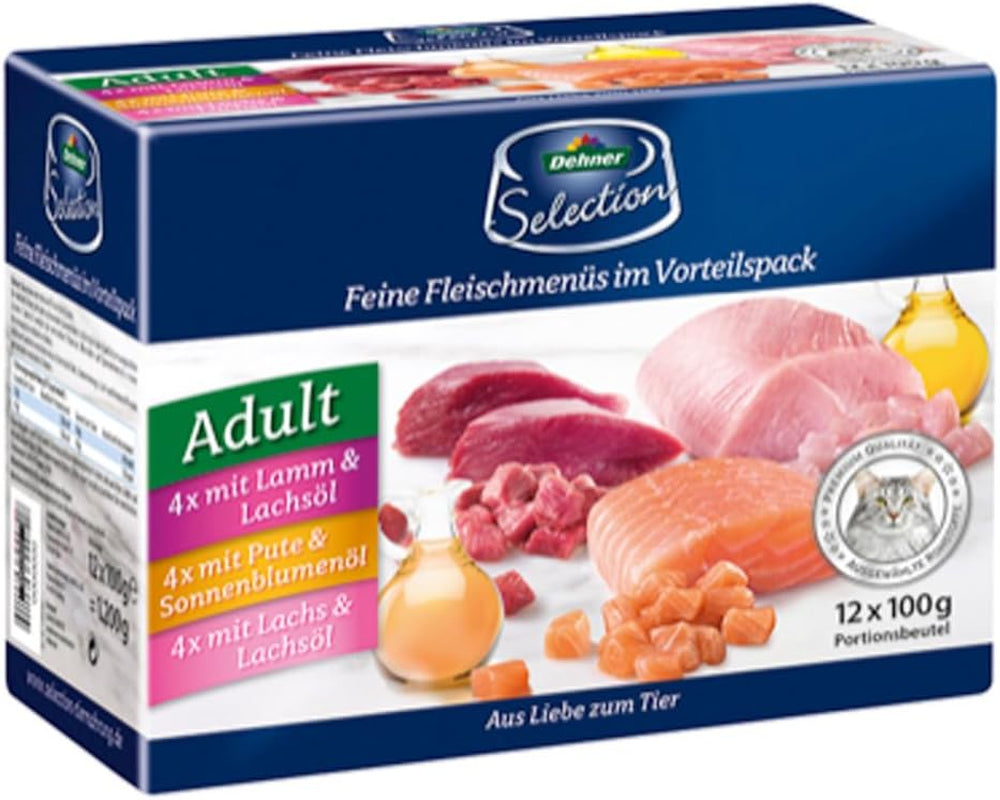Dehner Premium våtmat för katter, multipack, vuxna katter, 4 stycken vardera: lamm / kalkon / lax, 12 påsar x 100 g (1,2 kg)