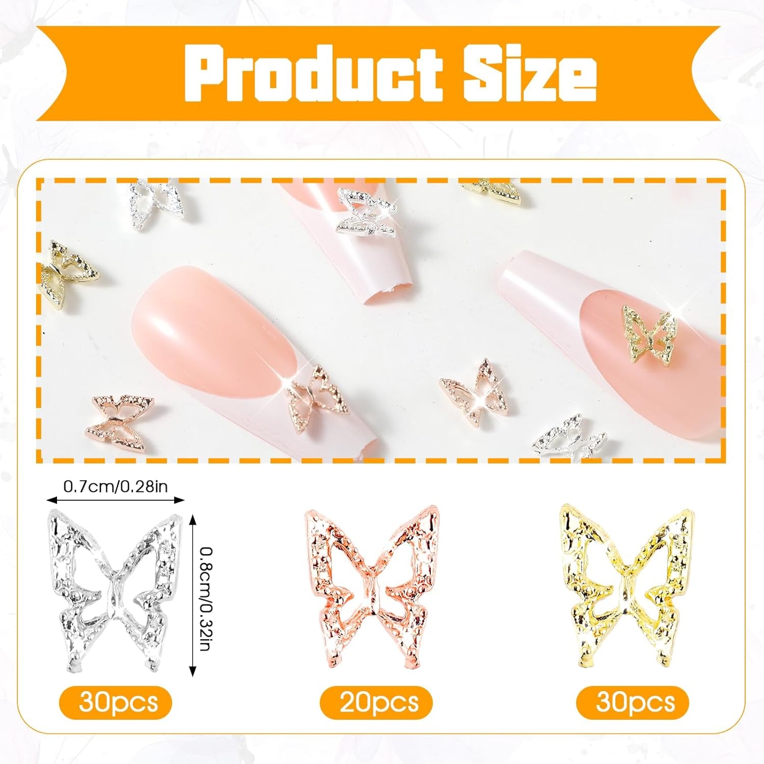 80st 3D Butterfly Nail Charms Legering Butterfly Guld Silver Glitter Nail Art Dekorationer Nagel smycken Tillbehör DIY Manikyr för kvinnor