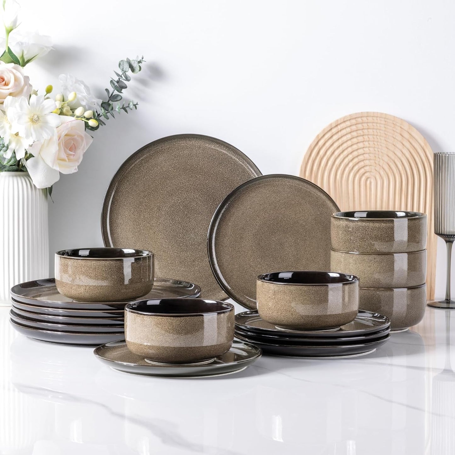 LeRatio 6-personers servisset, 18-delat porslinsservis set, reaktiv glasyr, reptålig skål och tallrik set, diskmaskin och mikrovågssäker, porslin