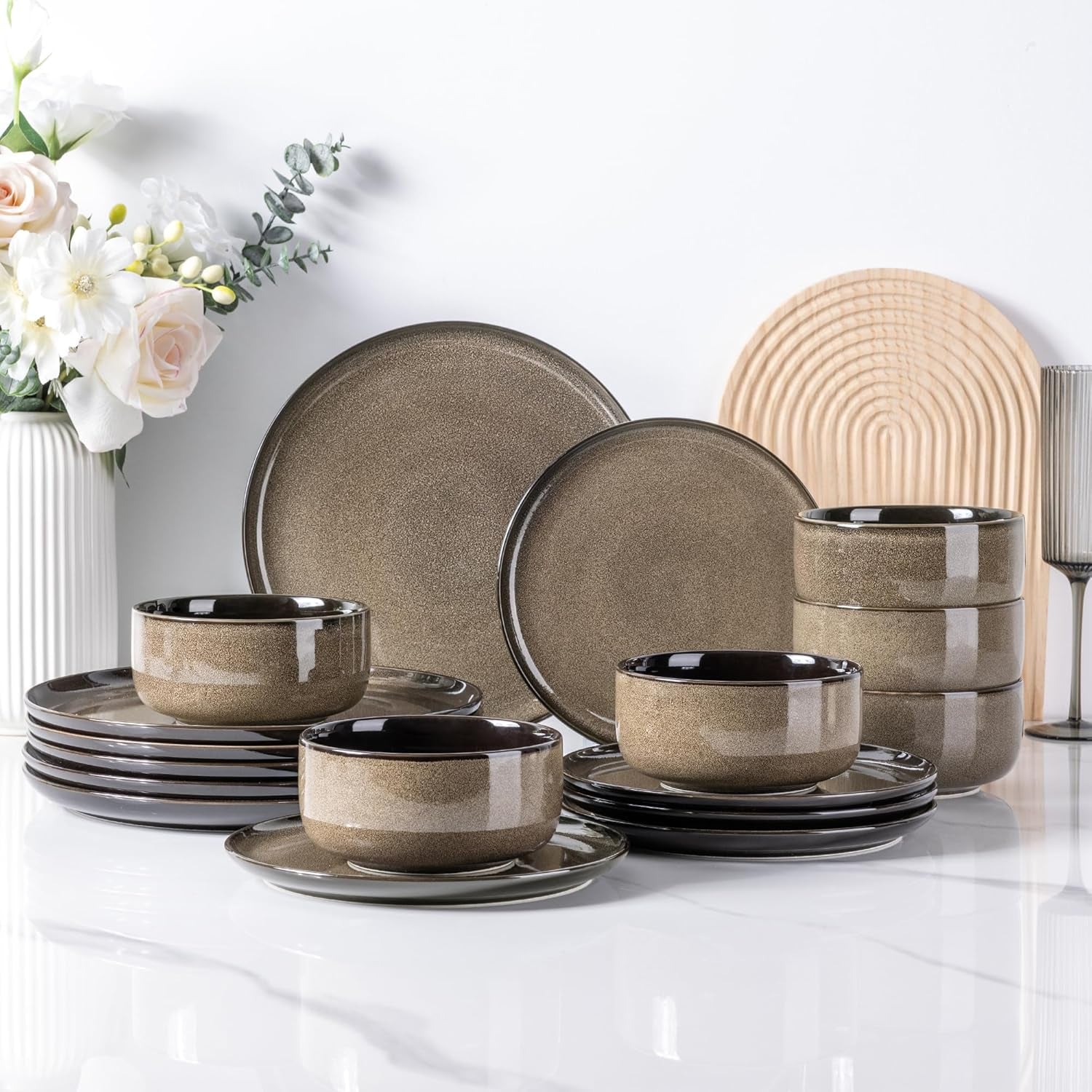 LeRatio 6-personers servisset, 18-delat porslinsservis set, reaktiv glasyr, reptålig skål och tallrik set, diskmaskin och mikrovågssäker, porslin
