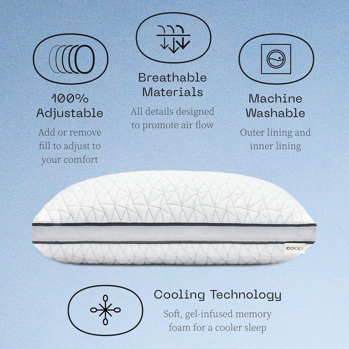 Coop Home Goods Eden Cool Justerbar Kudde King Size Justerbar Gel Infunderat Memory Foam Mjukt Lulltra-tyg som andas Perfekt för alla som sover Miljövänliga Naty Shop Standardkuddar