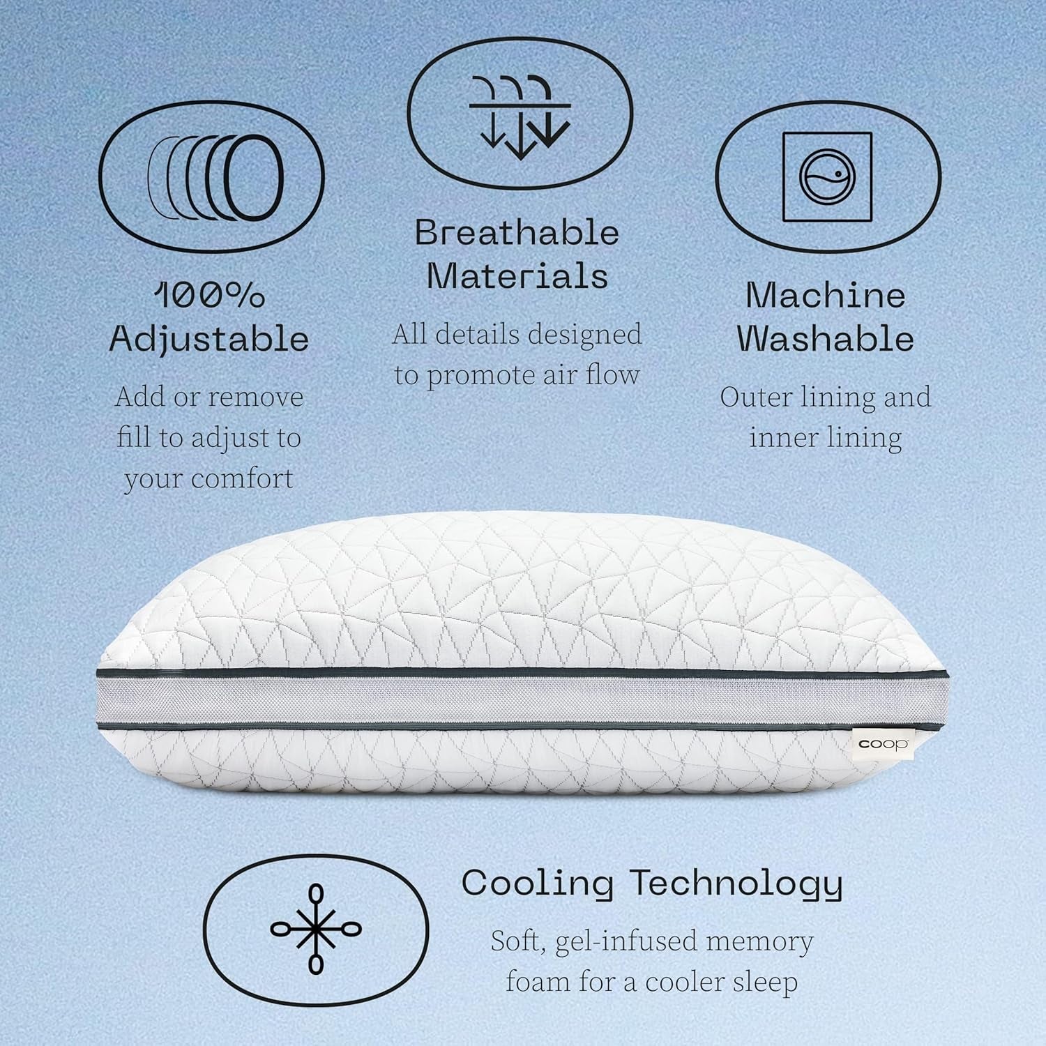 Coop Home Goods Eden Cool Justerbar Kudde King Size Justerbar Gel Infunderat Memory Foam Mjukt Lulltra-tyg som andas Perfekt för alla som sover Miljövänliga Naty Shop Standardkuddar