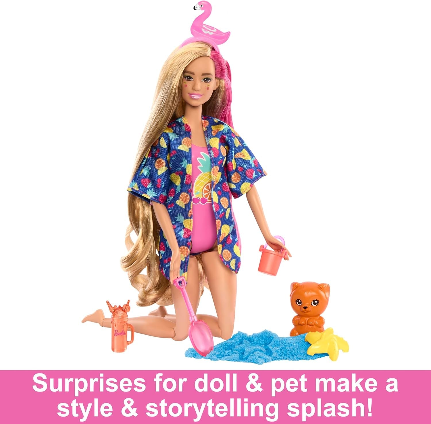 BARBIE Pop Reveal Rise & Surprise Present Set - 15+ överraskningar inklusive 1 Barbie-docka, strandtillbehör för lekfullt och fruktigt skoj för barn från 3 år och uppåt, HRK57