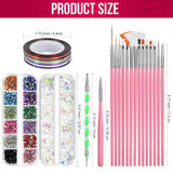 FANDAMEI Nail Art Brush Set, 15 Stücke Pinsel Für Gelnägel Nagel Pinsel, 5 Stücke Dotted Pen, 10 Rolle Streifenband Nägel, Strasssteine ​​​​Nägel, Ultra Dünn Nagel Paillettes Für Nagelkunst Maniküre Set
