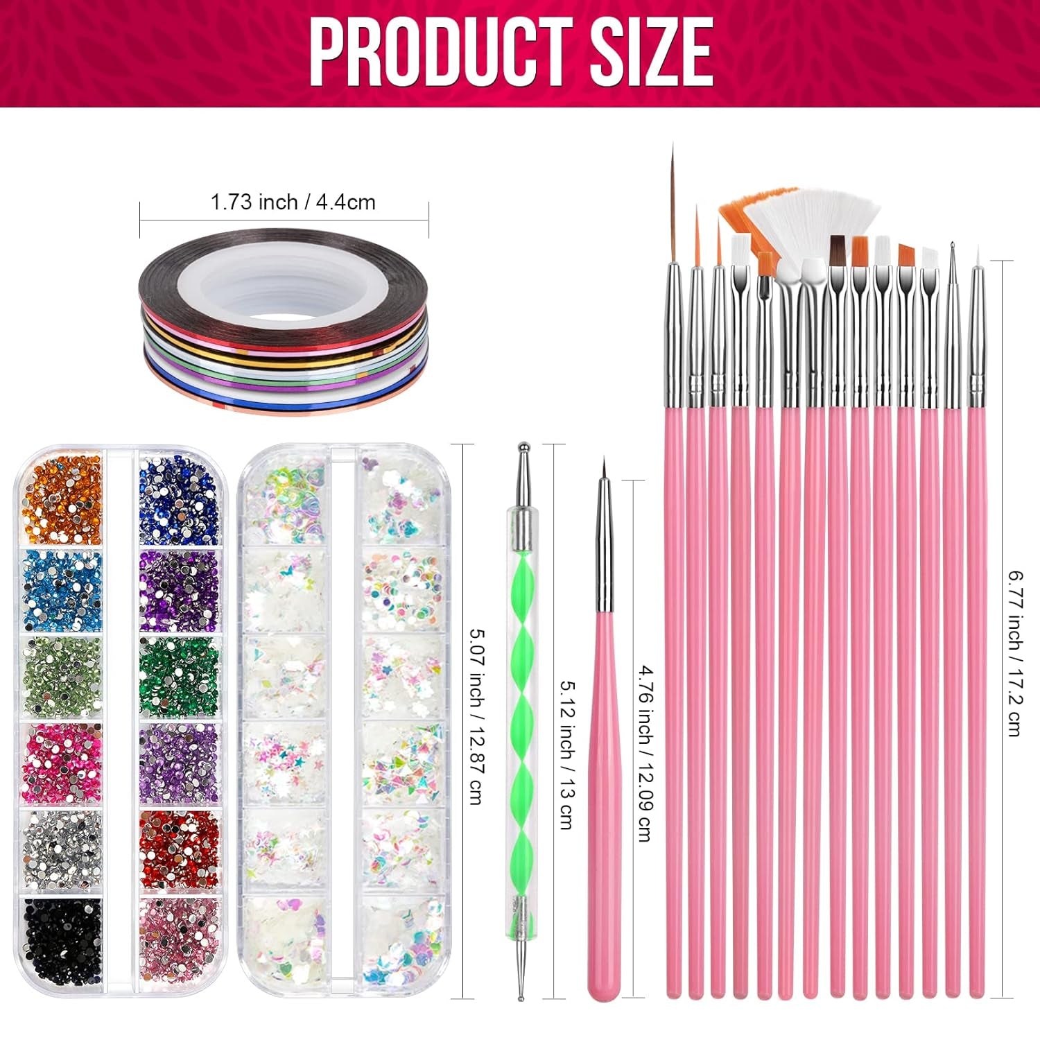 FANDAMEI Nail Art Brush Set, 15 Stücke Pinsel Für Gelnägel Nagel Pinsel, 5 Stücke Dotted Pen, 10 Rolle Streifenband Nägel, Strasssteine ​​​​Nägel, Ultra Dünn Nagel Paillettes Für Nagelkunst Maniküre Set