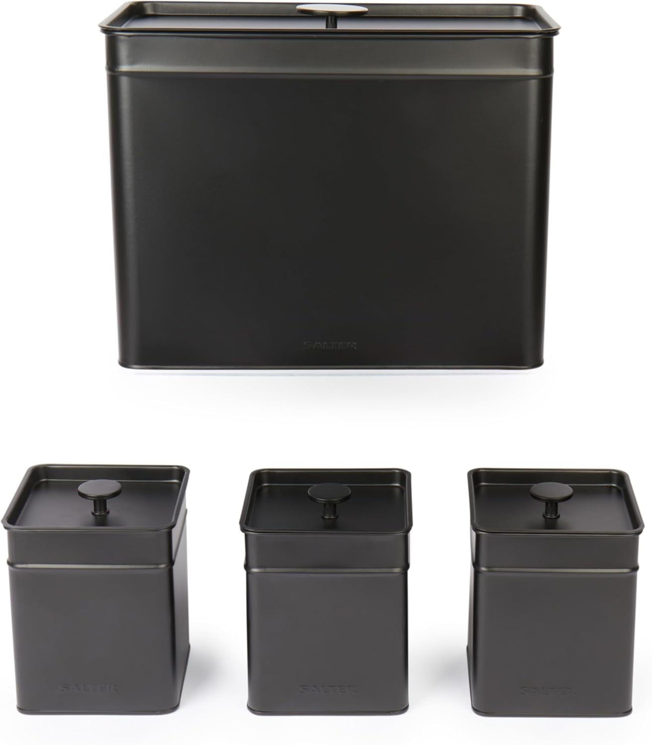 Salter BW12614EU7 Kuro förvaringslådor set - 4 köksbehållare Bröd/te/kaffe/socker Fyrkantiga förvaringslådor Lätt att rengöra Håll maten fräsch Svart matförvaringslådor Naty Shop