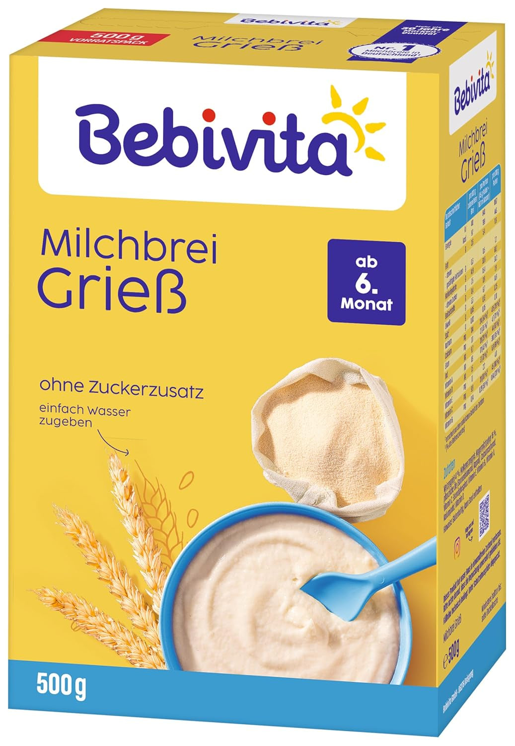 Semlegrynsgröt med mjölk (4 x 500g), mat för bebisar från 6 månader, inget tillsatt socker, med värdefulla mineraler och vitaminer, mycket mättande