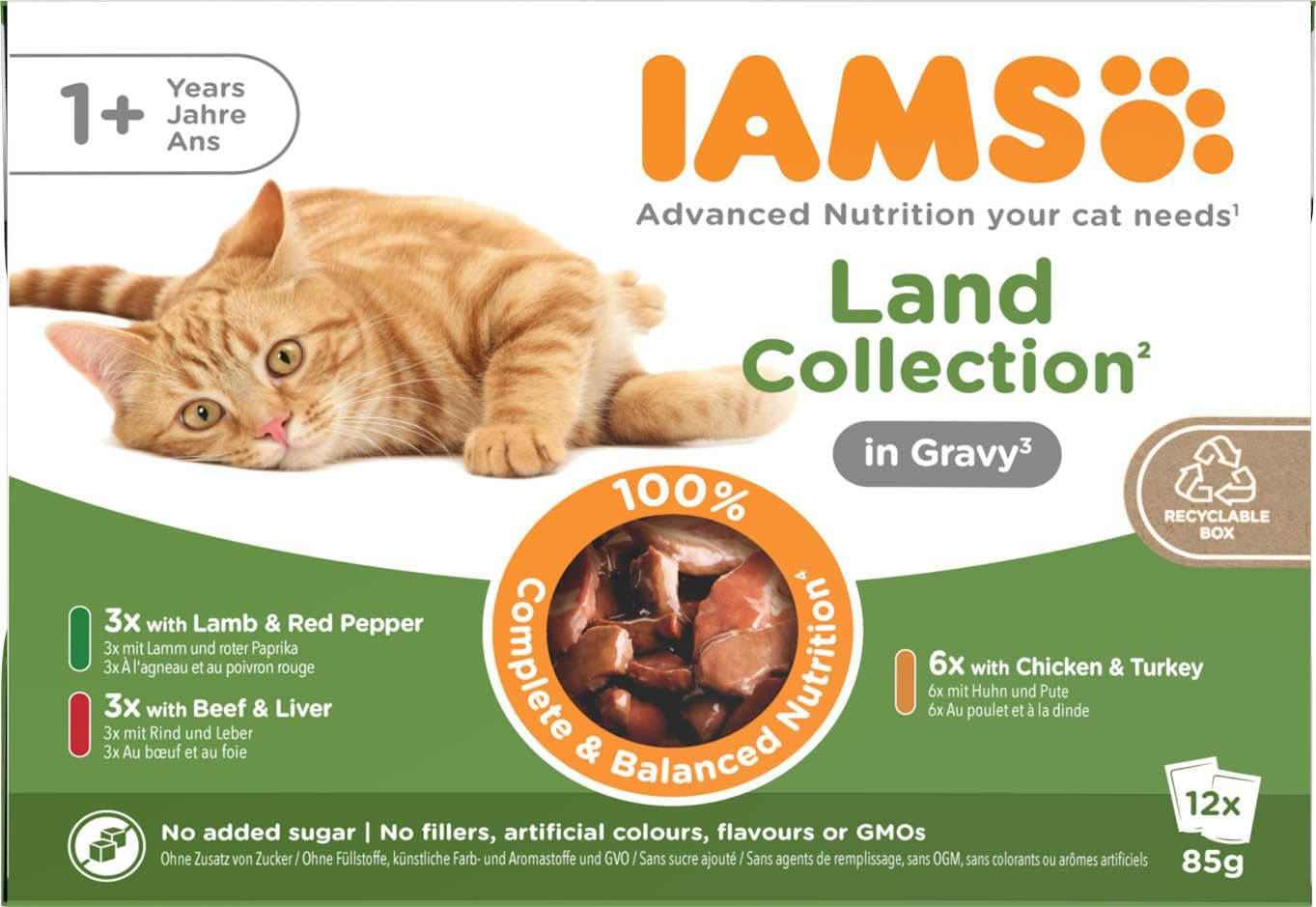 IAMS Delights Land Collection Våtfoder för katter - Multipack med köttsorter (lamm, nötkött, kyckling och kalkon) i sås, våtfoder för katter från 1 år, 12 x 85g