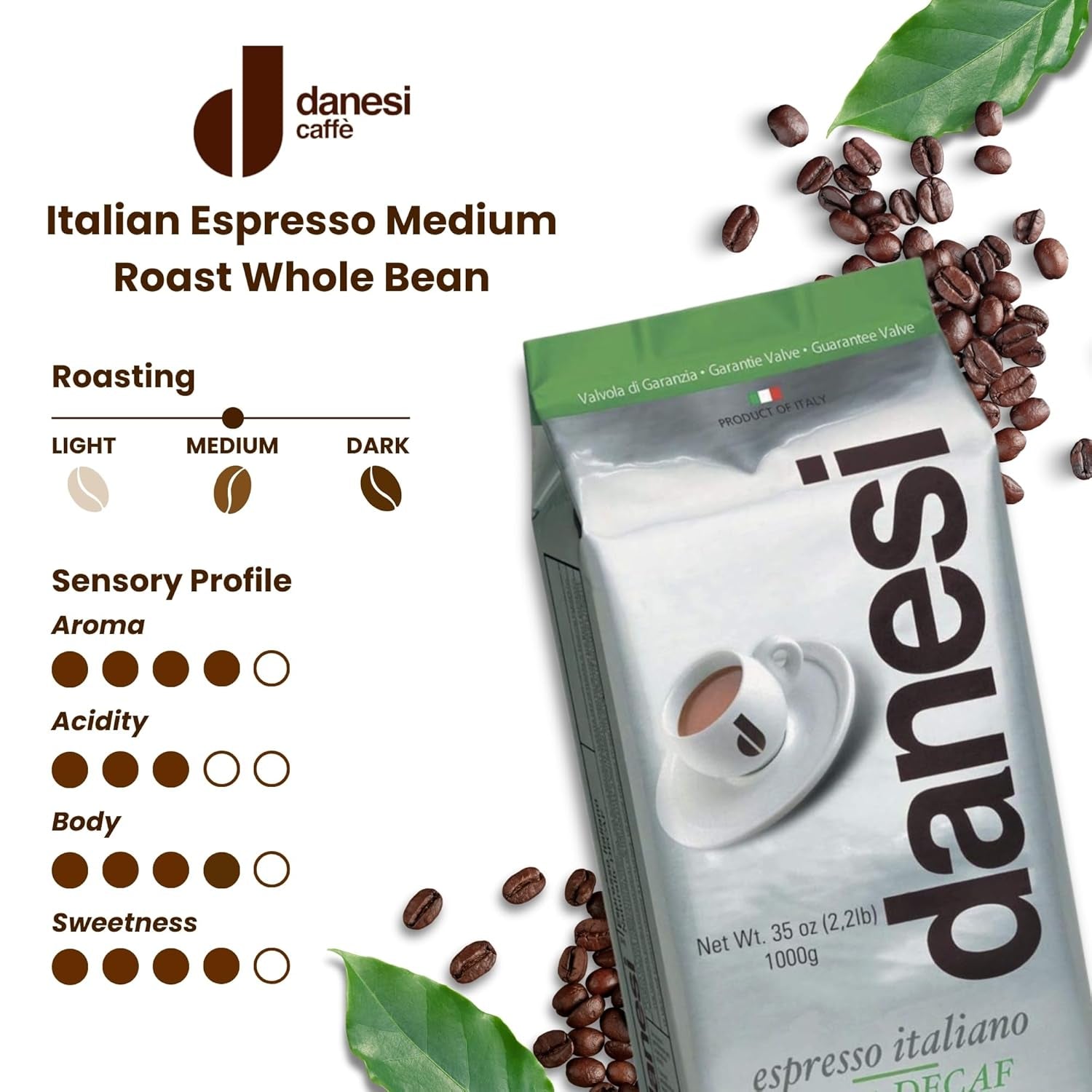 Danesi Decafeinato (Koffeinfri), bönor, 1 förpackning (1 x 1 kg)