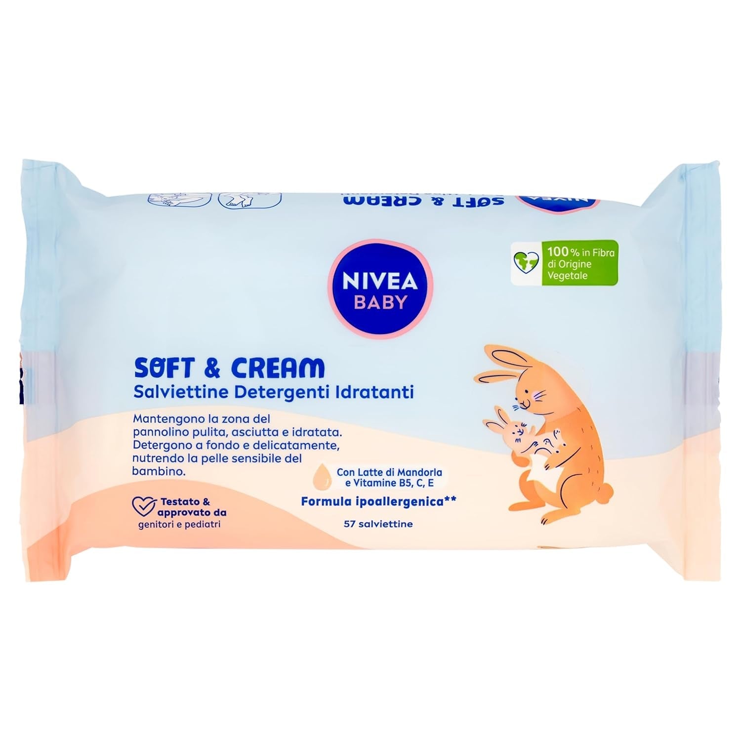 NIVEA Baby Moisturizing Cleansing Wipes Soft & Cream, 57 delar, för ren, torr och återfuktad hud, babyservetter med mandelmjölk och vitamin B5, C och E