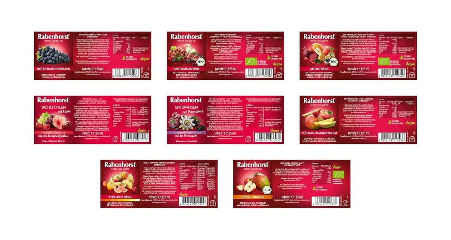 Rabenhorst miniprovningspaket, 8 varianter eller 3 flaskor (24 X 125 ml) Alkoholfria drycker Naty Shop