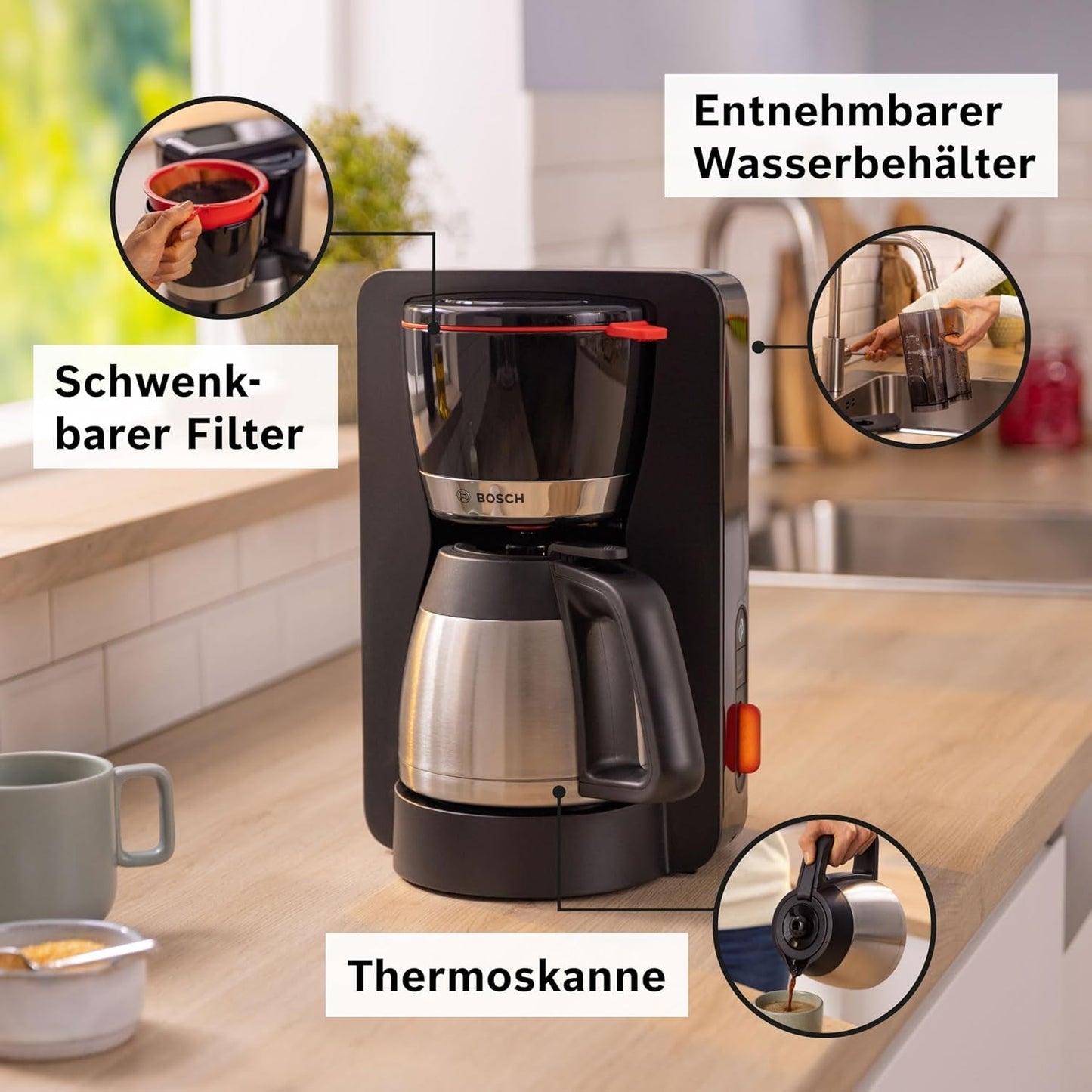 Bosch MyMoment TKA6M273 Filter Espressomaskin, 1L termokanna, 8-12 koppar, Anti-droppsystem, Roterande filterhållare, Avkalkningsprogram, Avtagbar vattentank, 1200 Watt, Mattsvart