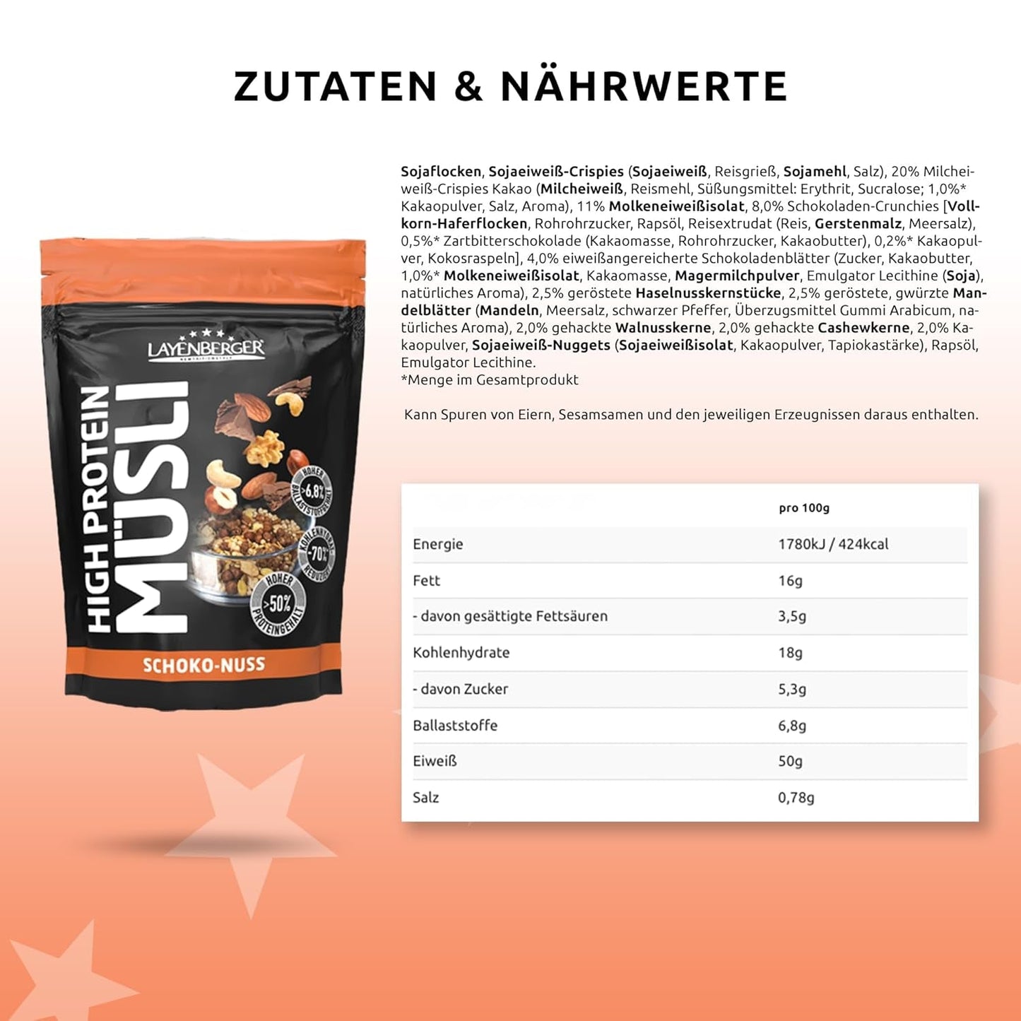 Layenberger 3K högproteinmüsli, 50% Eiweiß och 18% Kohlenhydrat - Enkelpack (1X 390 G) - Schoko-Nuss Cereale Naty Shop