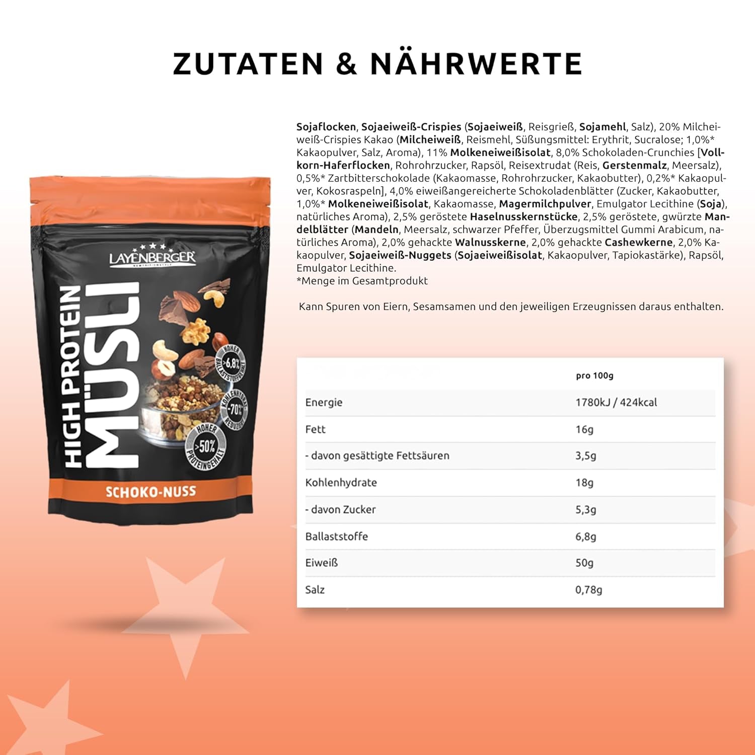 Layenberger 3K högproteinmüsli, 50% Eiweiß och 18% Kohlenhydrat - Enkelpack (1X 390 G) - Schoko-Nuss Cereale Naty Shop