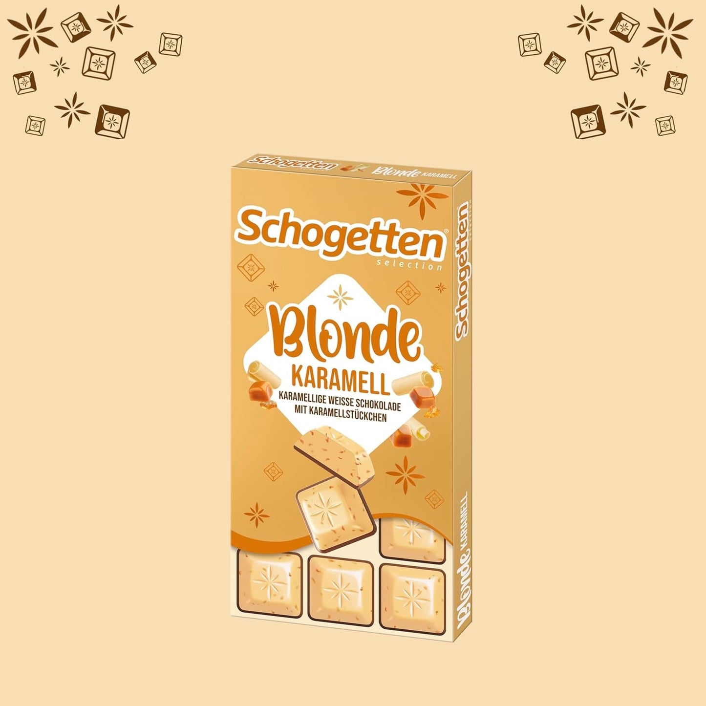 Schogetten Blond Caramel | Karamell med vit choklad och kola bitar | Chokladkaka 100g | Bekvämt portionerad