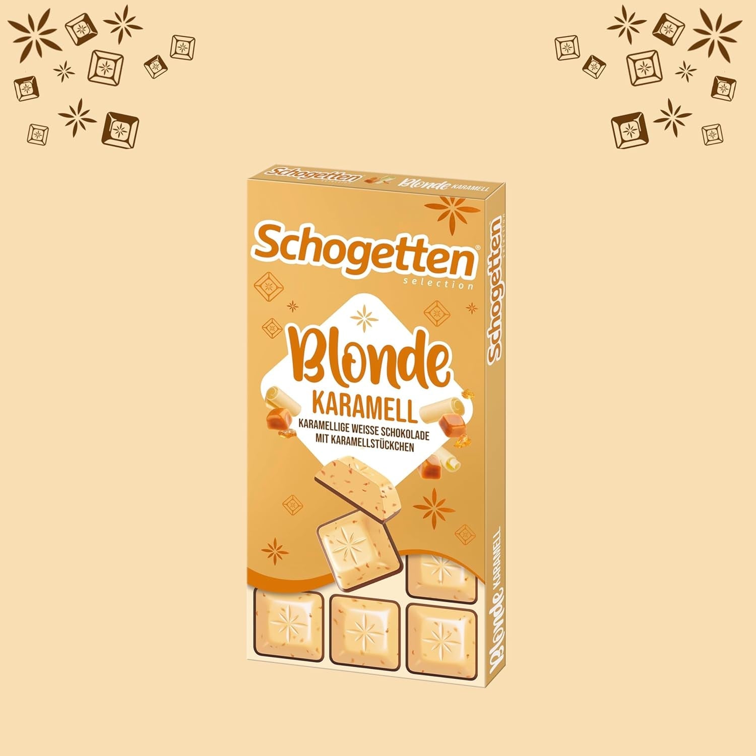 Schogetten Blond Caramel | Karamell med vit choklad och kola bitar | Chokladkaka 100g | Bekvämt portionerad
