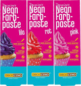 Decocino Neon matfärgningsset - 3 delar - röd, rosa, lila - högdosfärgad matfärg - för färgning av kakor, muffins, muffins - smakfritt