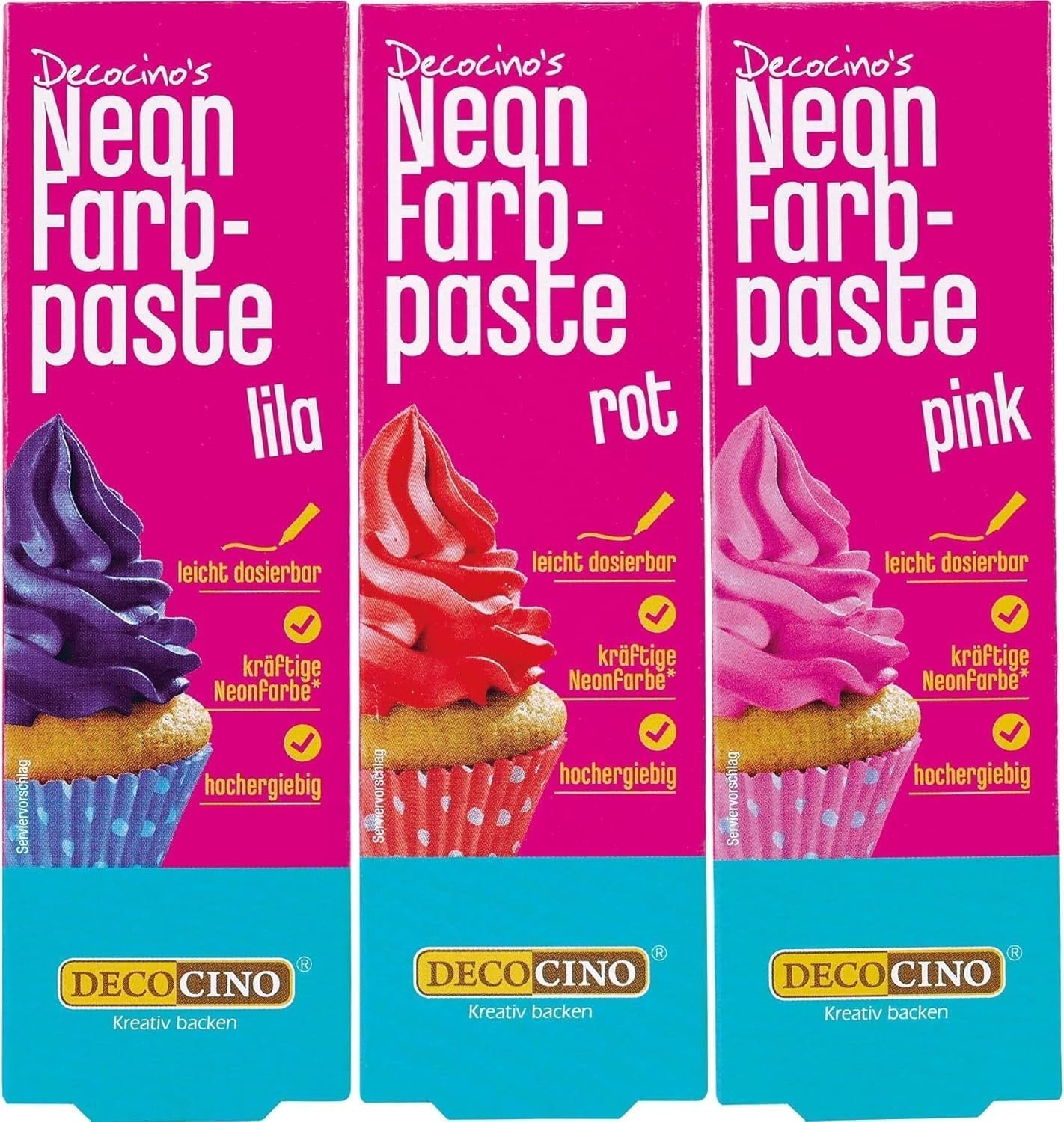 Decocino Neon matfärgningsset - 3 delar - röd, rosa, lila - högdosfärgad matfärg - för färgning av kakor, muffins, muffins - smakfritt