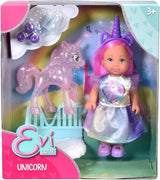 Simba Evi Love Unicorn Play Doll bär en söt enhörningsklänning med matchande pannband, inklusive en enhörning med stall, äpplen och en dricksflaska, 12 cm, i åldern 3+
