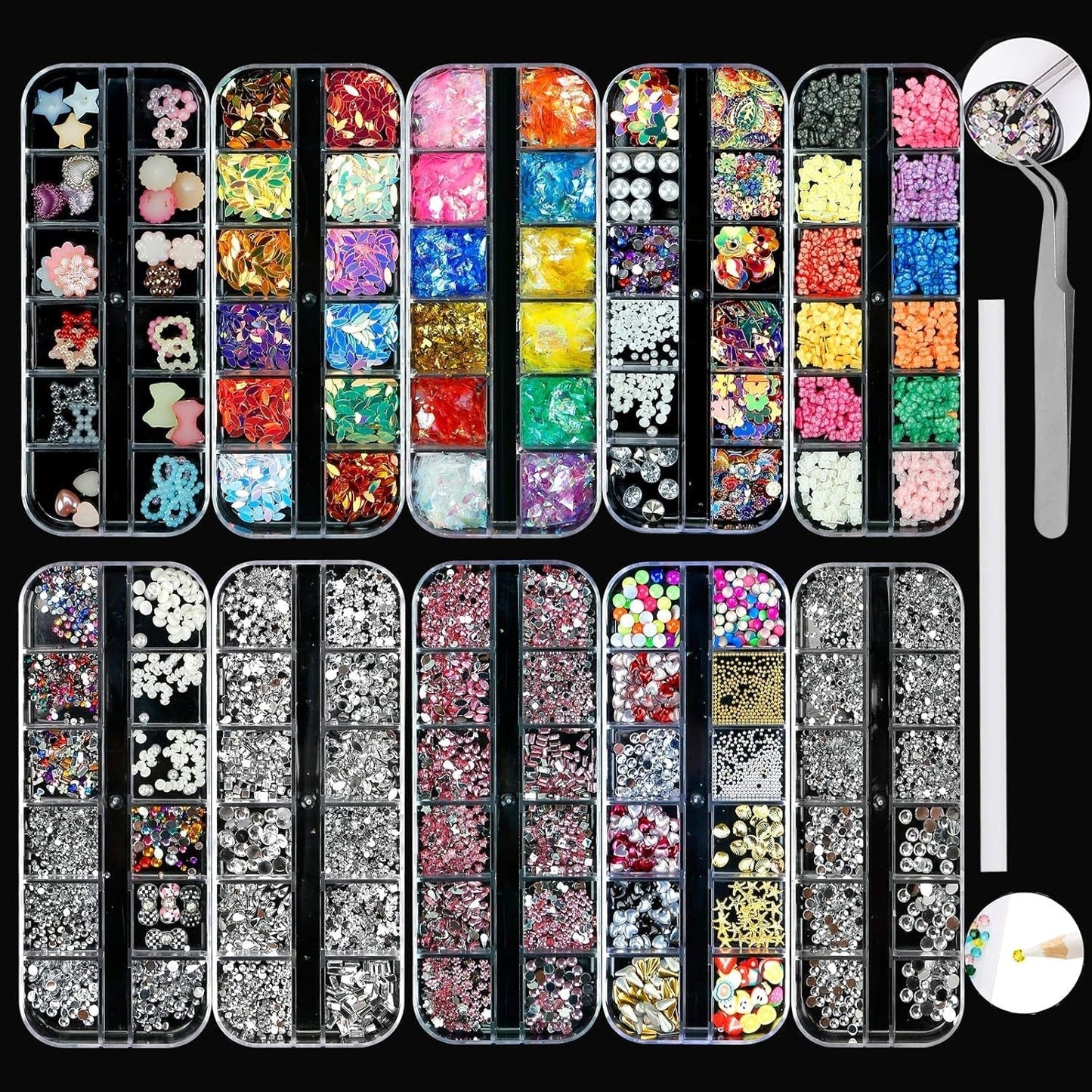 10 lådor Nail Rhinestones Kit, multifunktionella tillbehör med 1 pincett, dekorativa diamanter, kristaller, pärlor, ädelstenar, färgglada, blandade, hästögon, metalliska stenar, för DIY-nageldekorationer