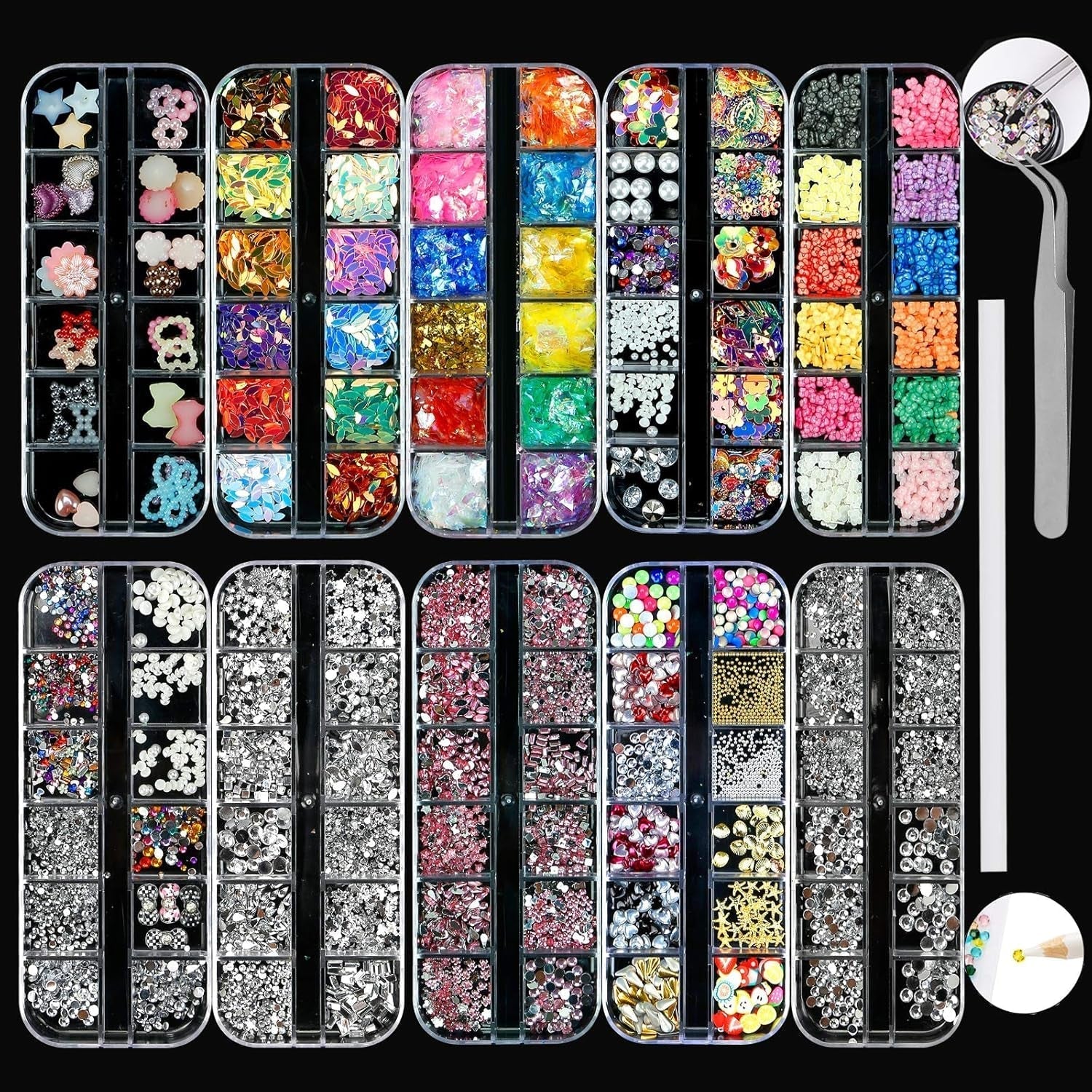 10 lådor Nail Rhinestones Kit, multifunktionella tillbehör med 1 pincett, dekorativa diamanter, kristaller, pärlor, ädelstenar, färgglada, blandade, hästögon, metalliska stenar, för DIY-nageldekorationer