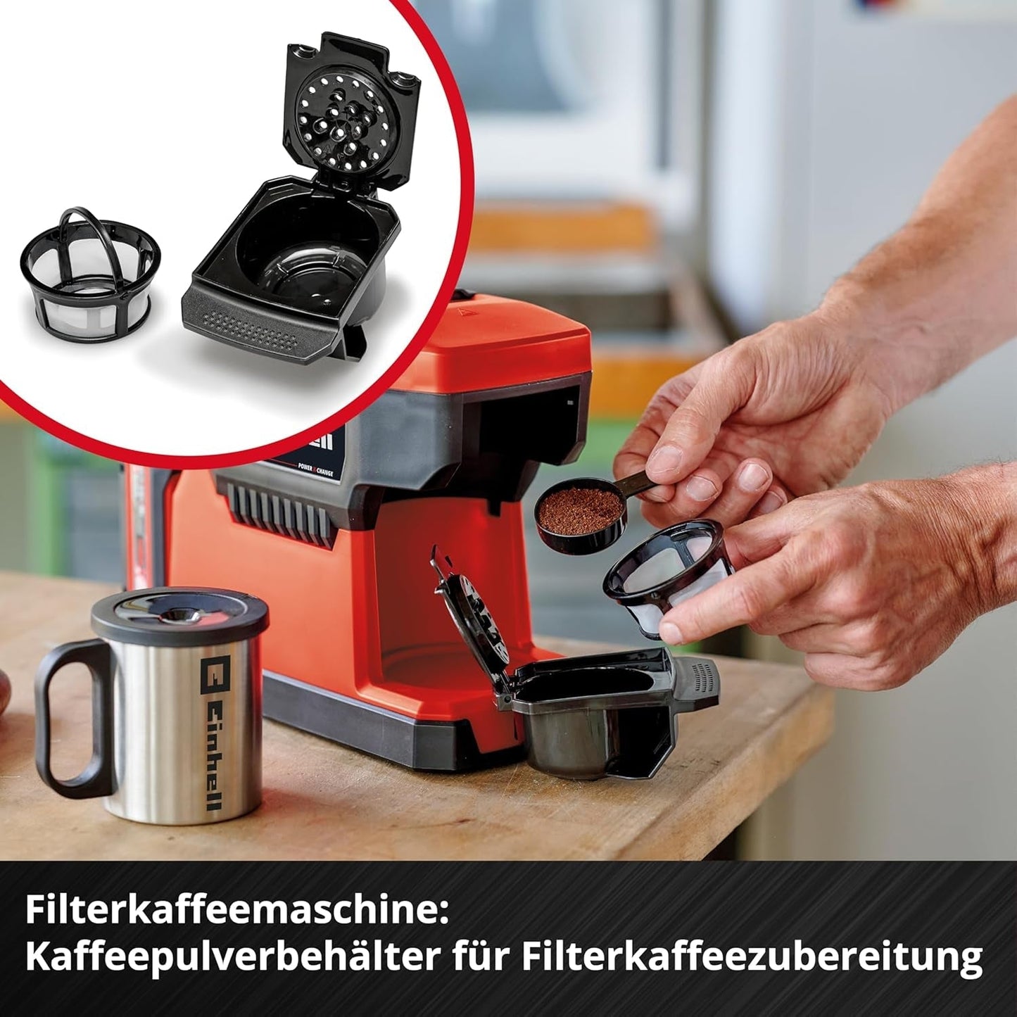 Sladdlös espressomaskin Einhell TE-CF 18 Li-Solo Power X-Change (18 V, 240 ml vattentank, för filterkaffe och kaffekapslar, bärhandtag, inkl. kaffekopp med lock, utan batteri)