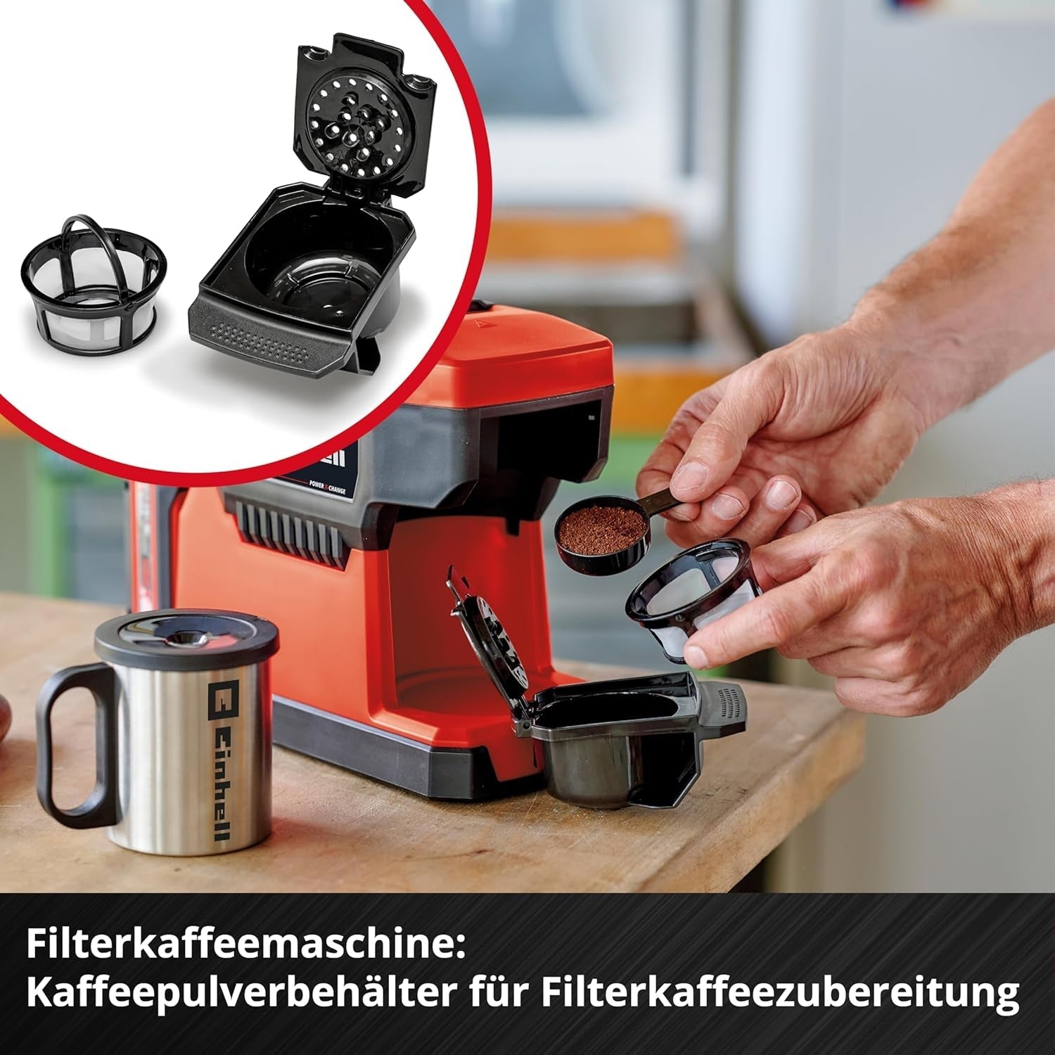Sladdlös espressomaskin Einhell TE-CF 18 Li-Solo Power X-Change (18 V, 240 ml vattentank, för filterkaffe och kaffekapslar, bärhandtag, inkl. kaffekopp med lock, utan batteri)