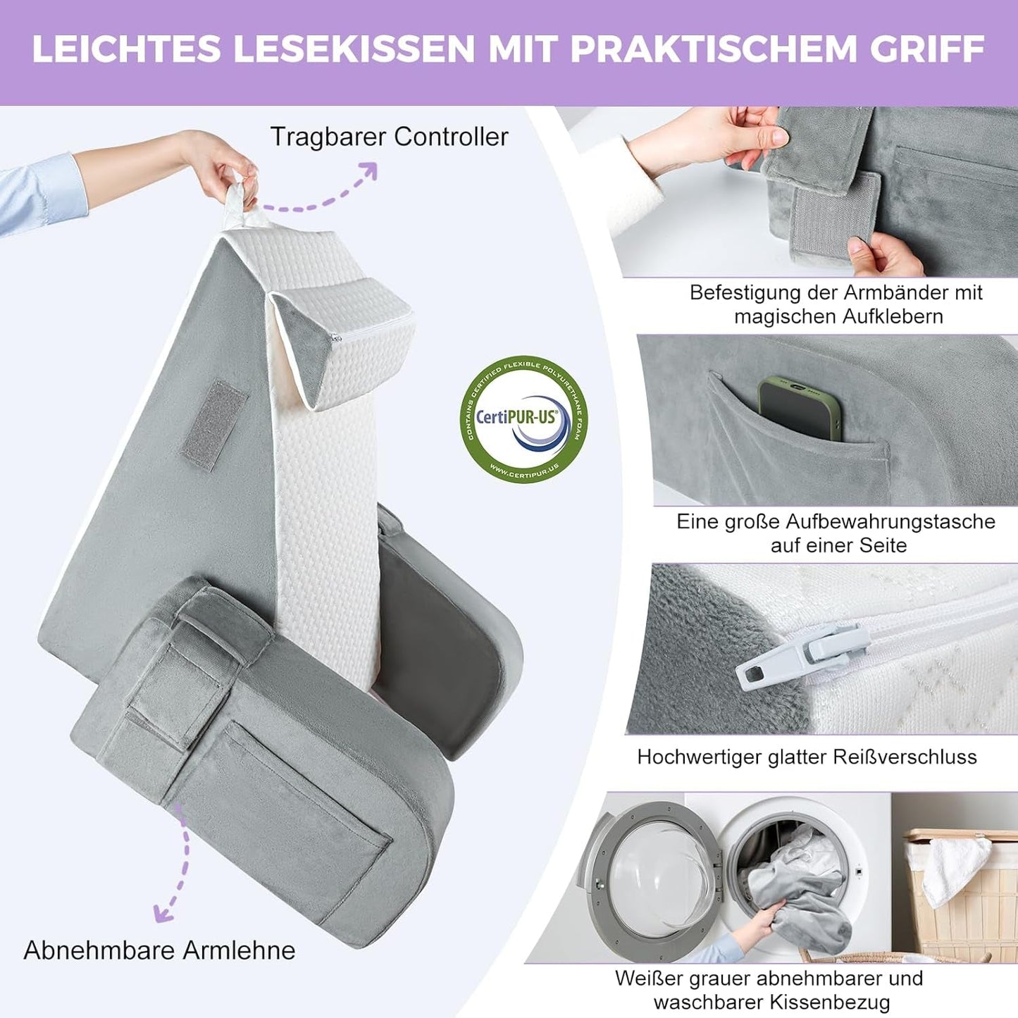 Stor läskudde med handtag, högdensitetsskum, ergonomisk ryggkudde, armstöd, nackstöd och nackstöd, lutande sittdyna för att sova, spela, titta på TV, för säng och soffa