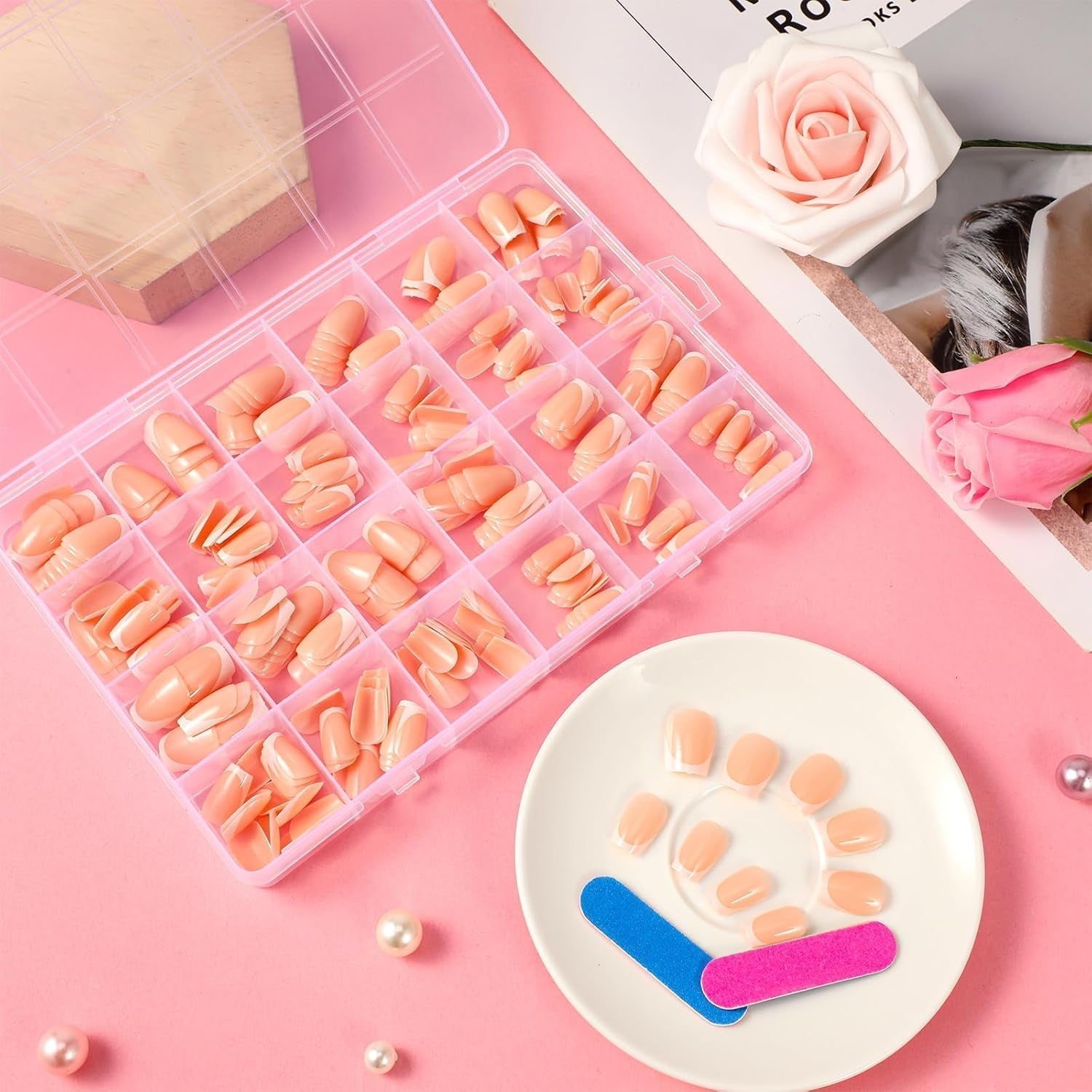 360 stycken franska konstgjorda naglar Medium rektangel falska naglar med falska nagelfilar Naturliga tips DIY Press On för damer och kvinnor