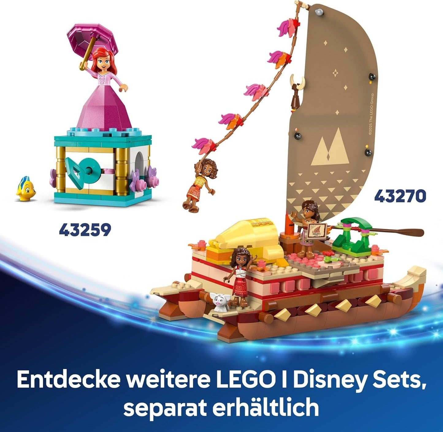 LEGO Ç€ Disney Moana 2: Moana's Adventure Raft - Leksaksbåt med segel, löstagbart däck, lägereld och 3 minidockor inklusive Loto och Moni - Present för tjejer 6+ och fans - 43270 Byggset Beuche den LEGO-Store