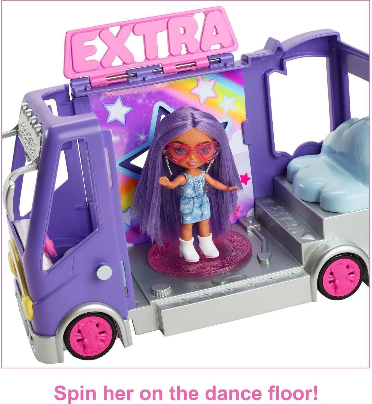 Barbie Extra Mini Mini Doll, Extra Mini Mini Doll med Extra Glitter Touring Van, inklusive Makeup Station och Showtillbehör, Barnpresent, Leksak för åldrarna 3 och uppåt, HKF84