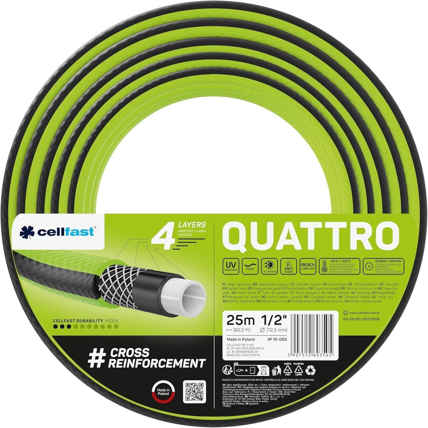 Cellfast QUATTRO Trädgårdsslang Slitstark Lättvikts 4-lagers UV-beständig trådslang Cross Braid 20 Bar 3/4" 15m 10-074