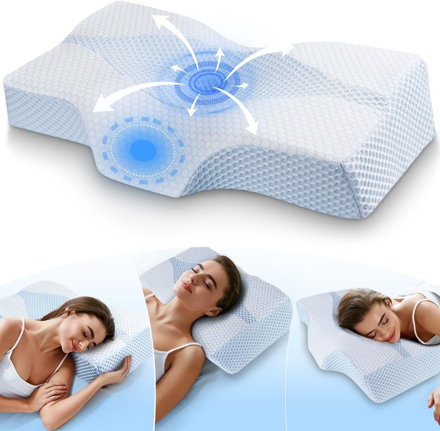 Memory Foam Nackkudde Ergonomisk ortopedisk kudde för smärta i nacke och axel - Svalkande sovkudde för sido-, rygg- och magsliprar med nackstöd Cervikala ortopediska kuddar Naty Shop 01-Blau(63.5Cm*40.6Cm*10.7/13.2Cm) Blau Weiss (63,5 cm*40,6 cm*10,7/13,2 cm)