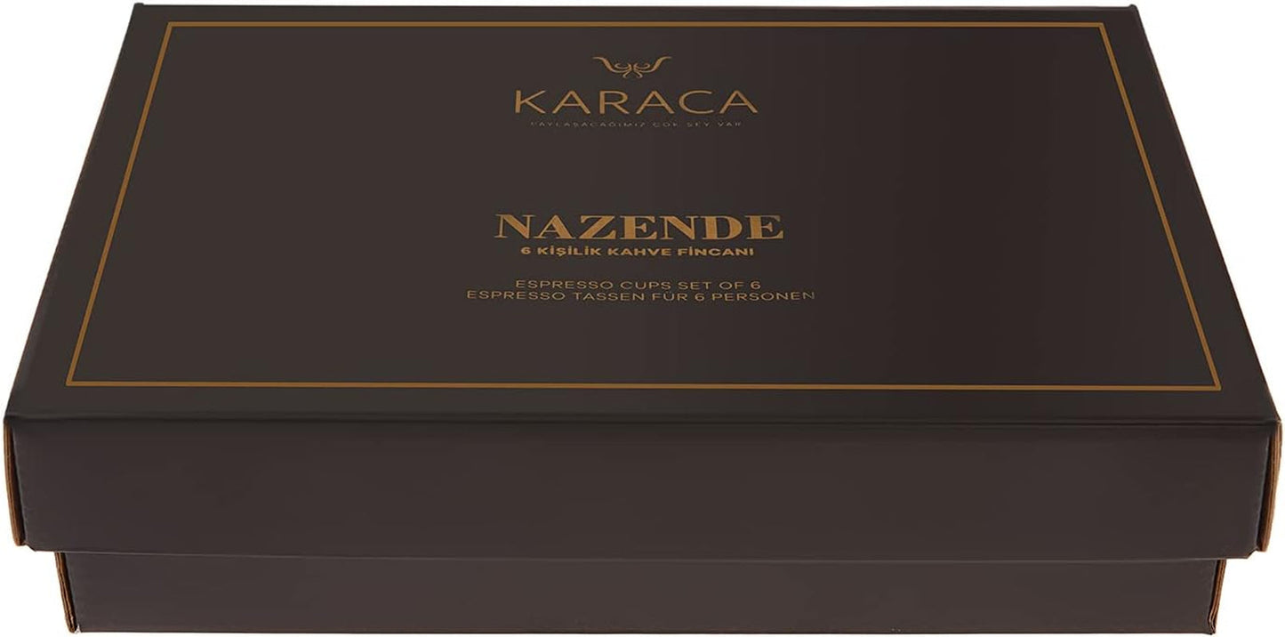 KARACA Nazende Espressokoppset i porslin - 80 ml turkiska kaffekoppar med fat, 12 delar modern kaffeservering med 6 kaffekoppar och 6 fat, mockakoppar - vit