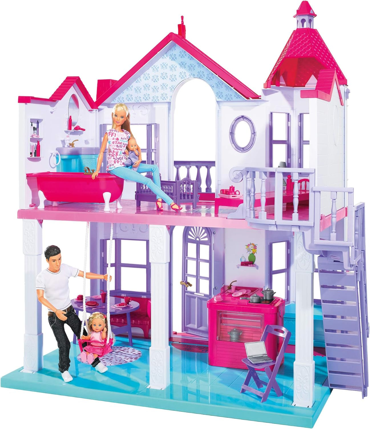 Simba 104661996 - Steffi Love Dreamhouse, Stor lekstuga, 4 rum, INGA DOCKOR, 84 cm hög, Två våningar, Working Bell, Hopfällbar Naty Shop Dollhouses Standardtitel