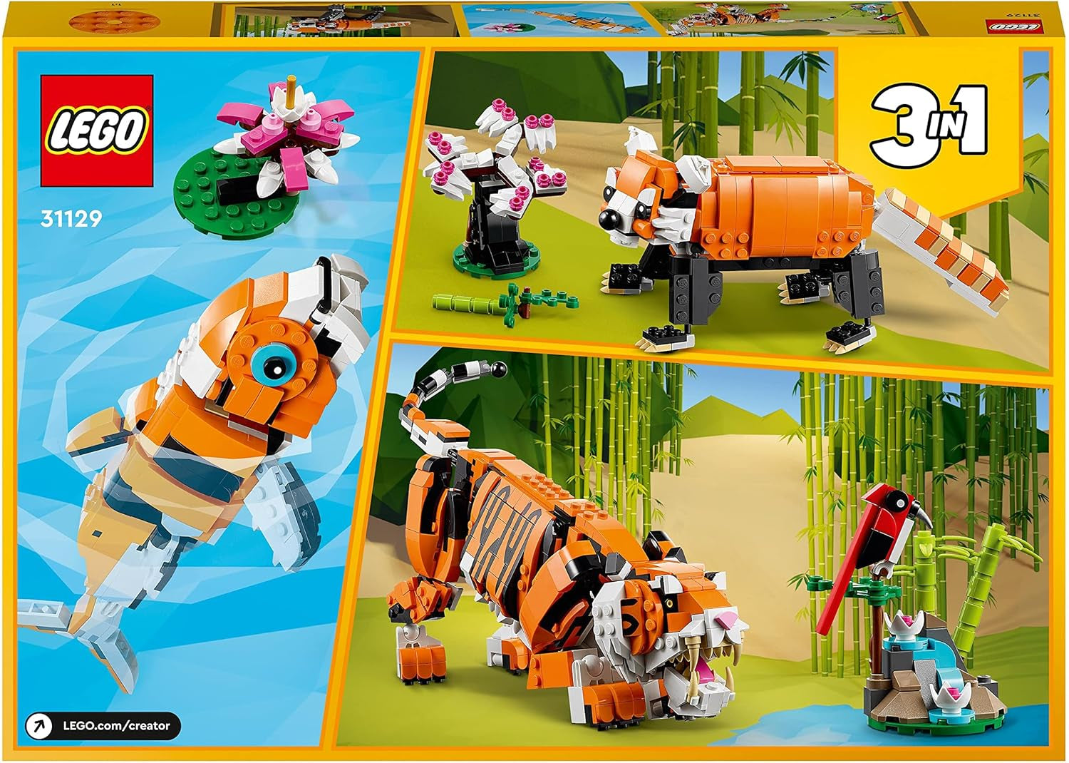 LEGO 31129 Creator Majestic Tiger, Panda eller Fish 3-i-1 djurfigursset leksak för barn Pojkar och flickor Byggset för djurbyggande leksak Besuche den LEGO-Store