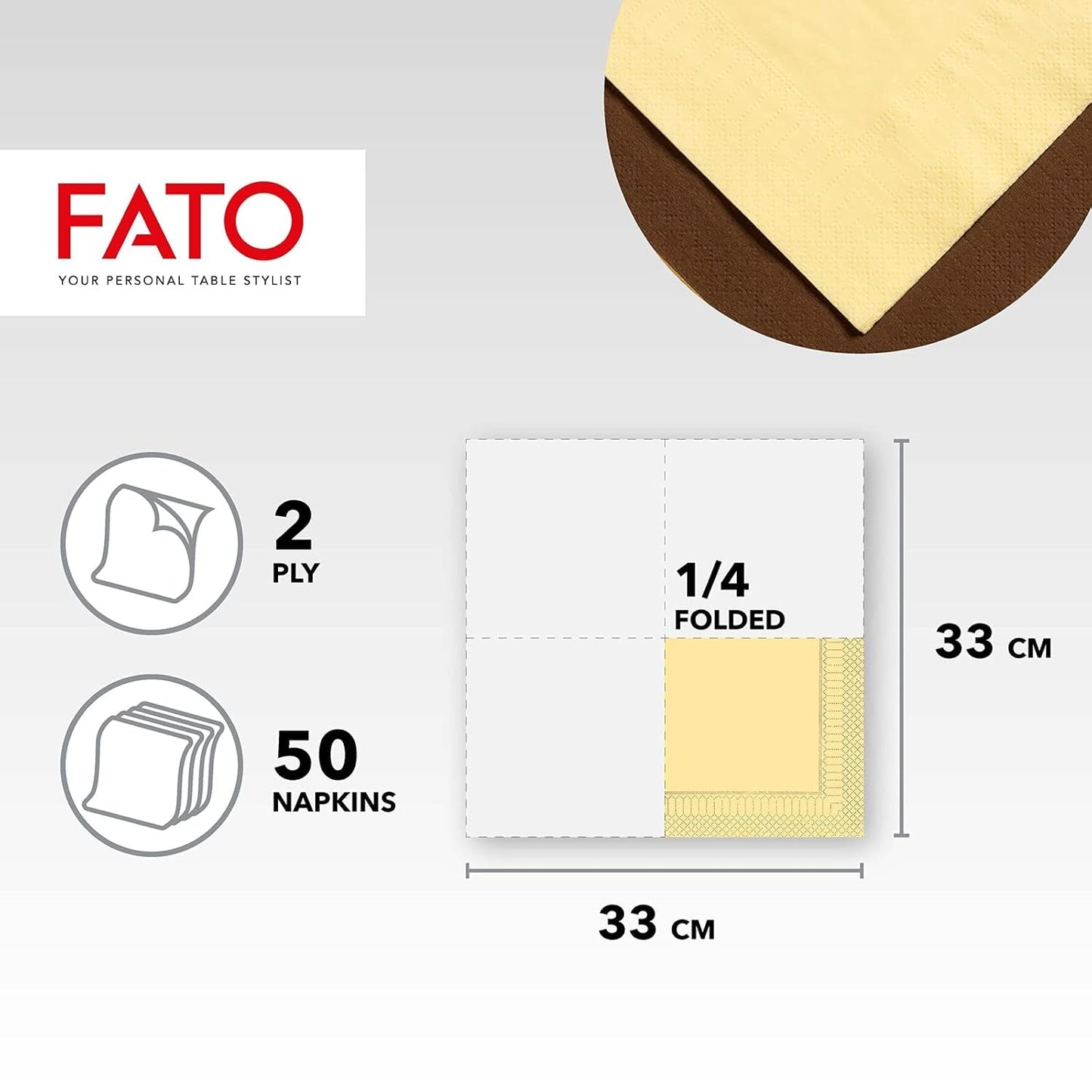 Fato - Engångspappersservetter, idealiska för vardagliga luncher och bufféer, paket med 50 servetter, storlek 33X33, 4-vikt, 2-lager, champagnefärg, 100 % rent cellulosapapper, FSC