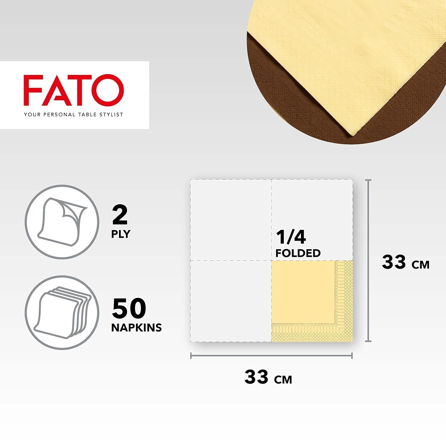 Fato - Engångspappersservetter, idealiska för vardagliga luncher och bufféer, paket med 50 servetter, storlek 33X33, 4-vikt, 2-lager, champagnefärg, 100 % rent cellulosapapper, FSC