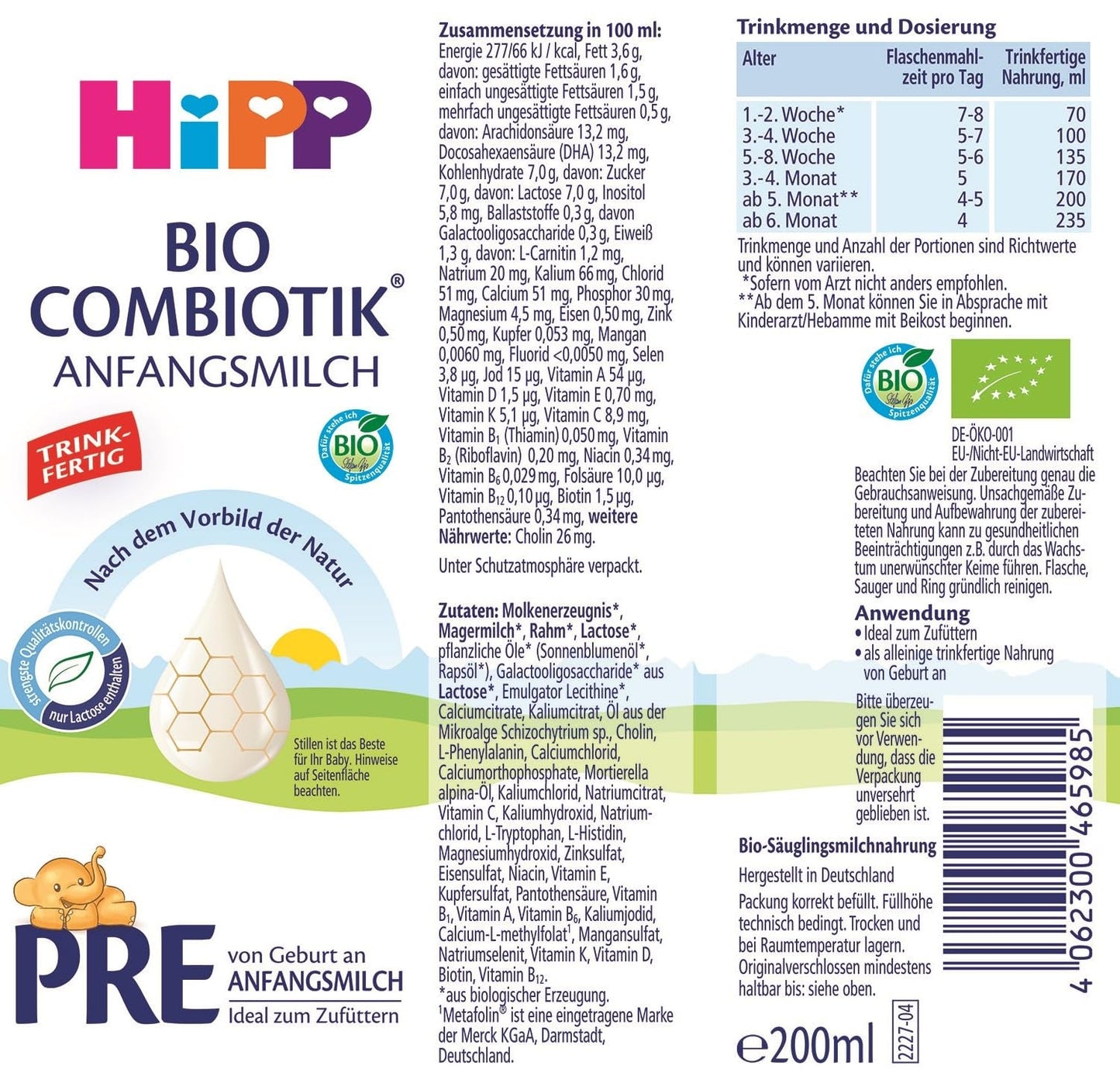 HiPP PRE Organic Combiotic Formula Drickfärdig (6 x 200 ml) Spädbarnsmjölk från födseln Innehåller endast laktos som kolhydrat Best Organic