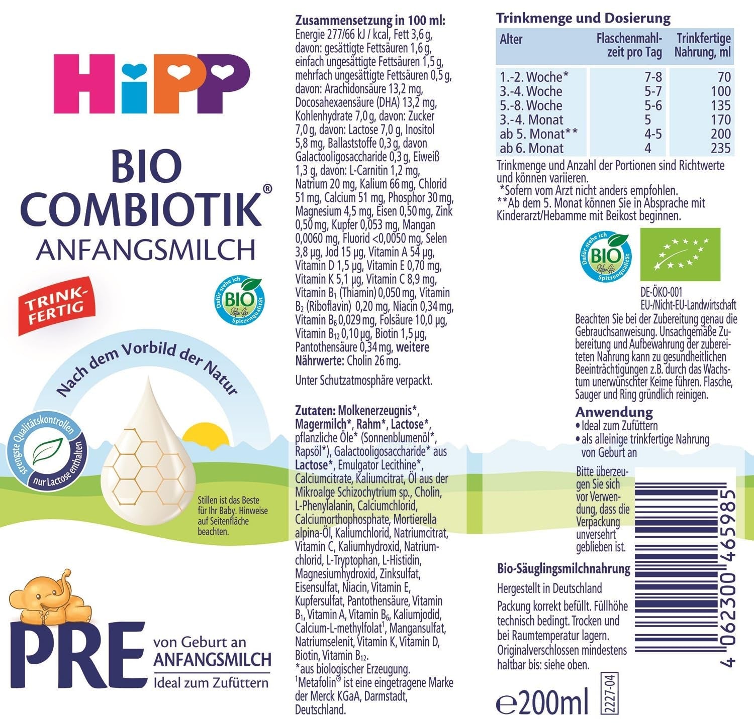 HiPP PRE Organic Combiotic Formula Drickfärdig (6 x 200 ml) Spädbarnsmjölk från födseln Innehåller endast laktos som kolhydrat Best Organic