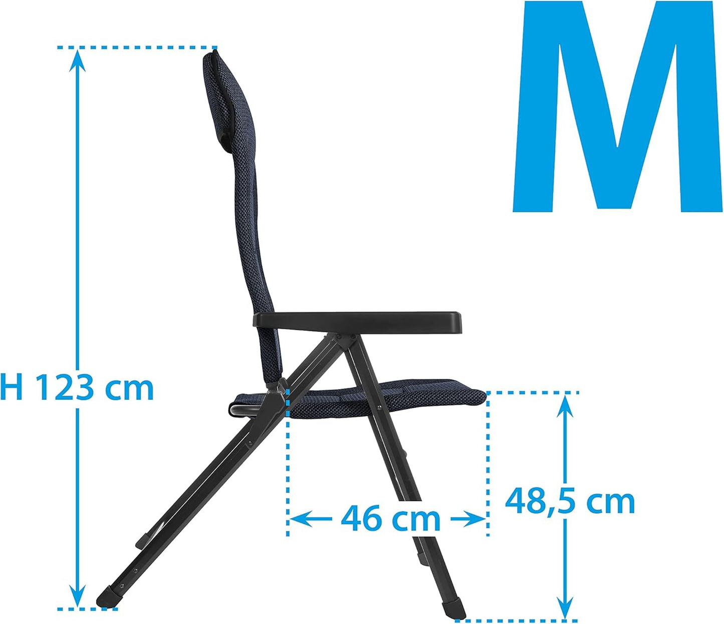 BRUNNER Rebel PRO (S-M-L) Hopfällbar stol för camping, trädgård, uteplats Tillverkad av aluminium, justerbar i 5 lägen, lastkapacitet upp till 150 kg, hög rygg, svarta eller blå Resekuddar Naty Shop