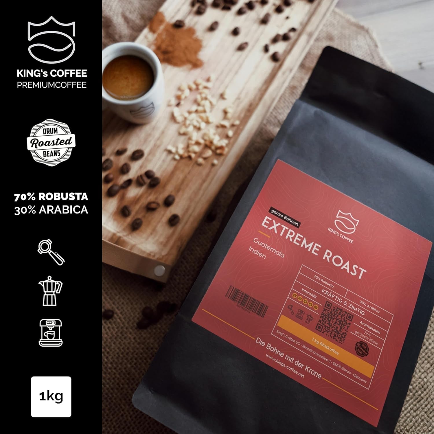 KING'S COFFEE - EXTREME ROAST - Espresso Intenso bönor - mycket låg syra - liten sats rostning från Italien - kaffebönor för helautomatiska maskiner och portafiltermaskiner - 1 kg