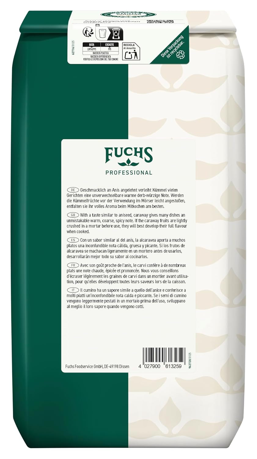 Fuchs Professional - Kümmel ganz | Ungemahlen, zum Würzen von Bratkartoffeln oder Krautgerichten | Profi-Qualität für Großverbraucher und Gastronomie | 1 kg im återvinningsbar väska