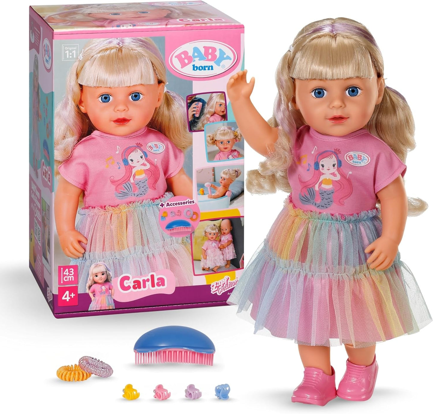 BABY born Carla - 43 cm docka - högkvalitativt blont hår med trådar - inga batterier krävs - lämplig för barn från 4 år och uppåt - innehåller 7 tillbehör, rosa